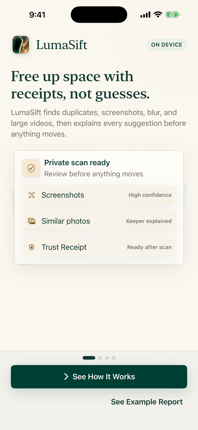 LumaSift dashboard showing a private scan ready to review with screenshots, similar photos, and a trust receipt