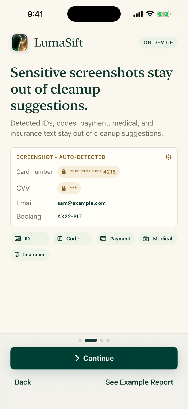 LumaSift keeping sensitive screenshots, IDs, codes, payment, medical and insurance text, out of cleanup suggestions