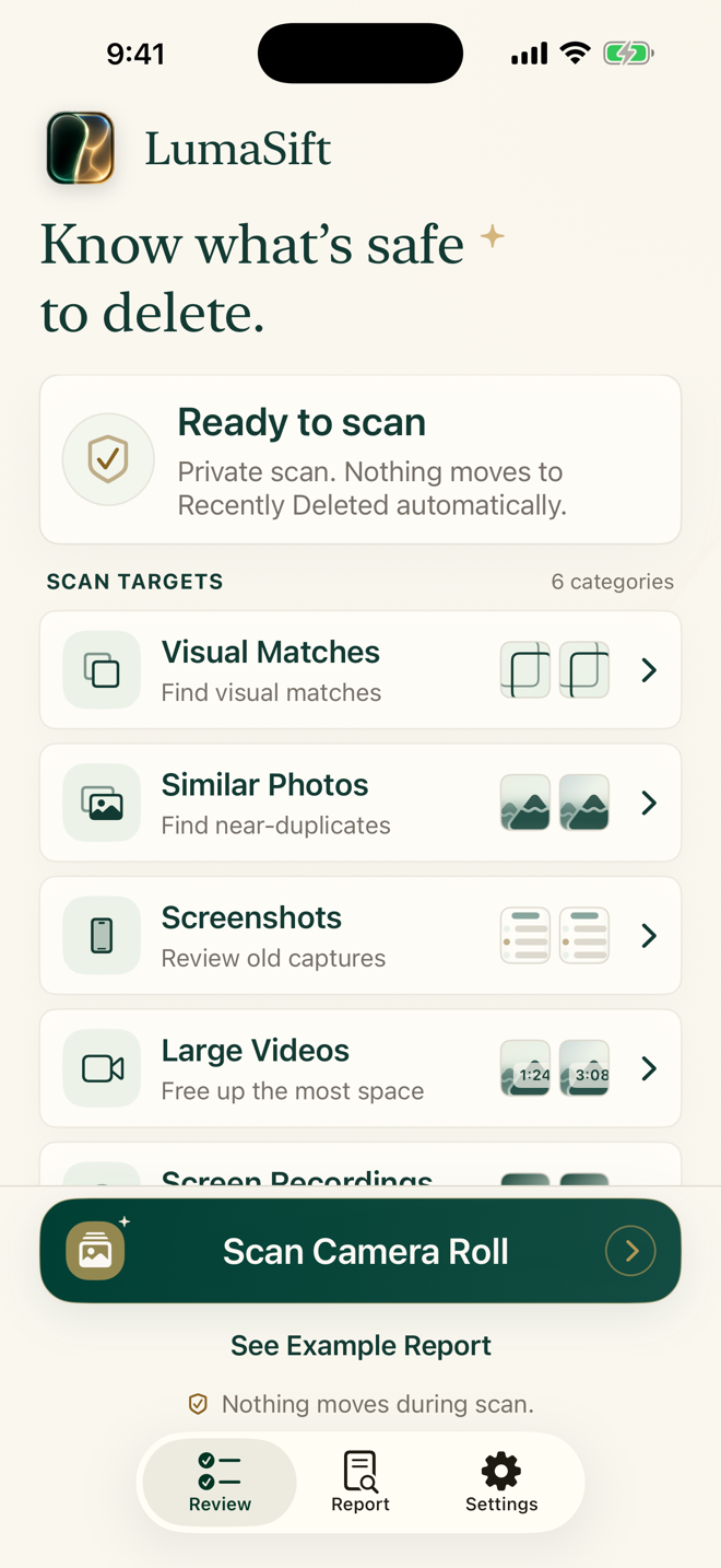 LumaSift scan dashboard headed 'Know what's safe to delete', listing scan targets: visual matches, similar photos, screenshots, large videos, and screen recordings